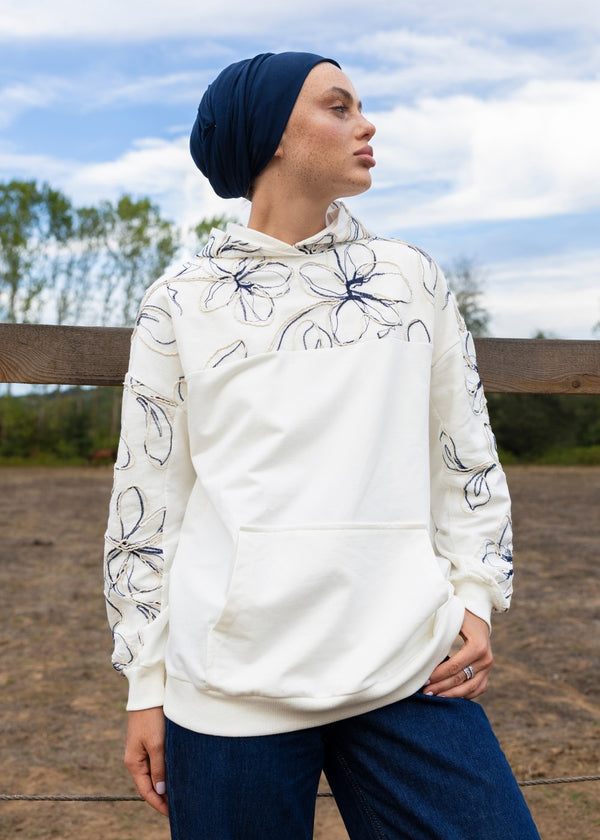 Linen Embroidered Ecru Sweatshirt Top